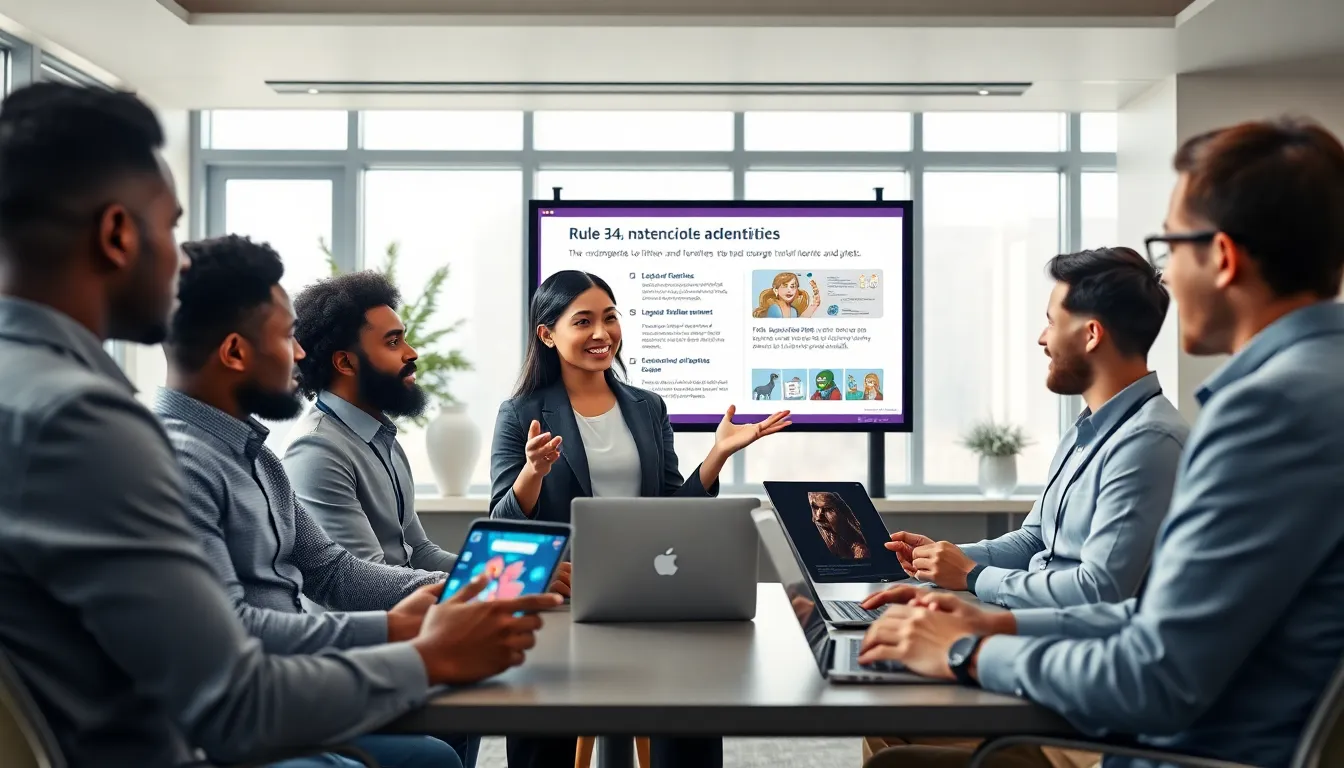 diverse team discussing internet culture in a modern office.