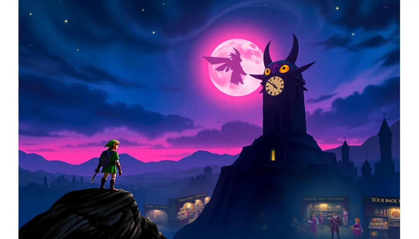 Link standing on a cliff overlooking Clock Town in Majora's Mask.