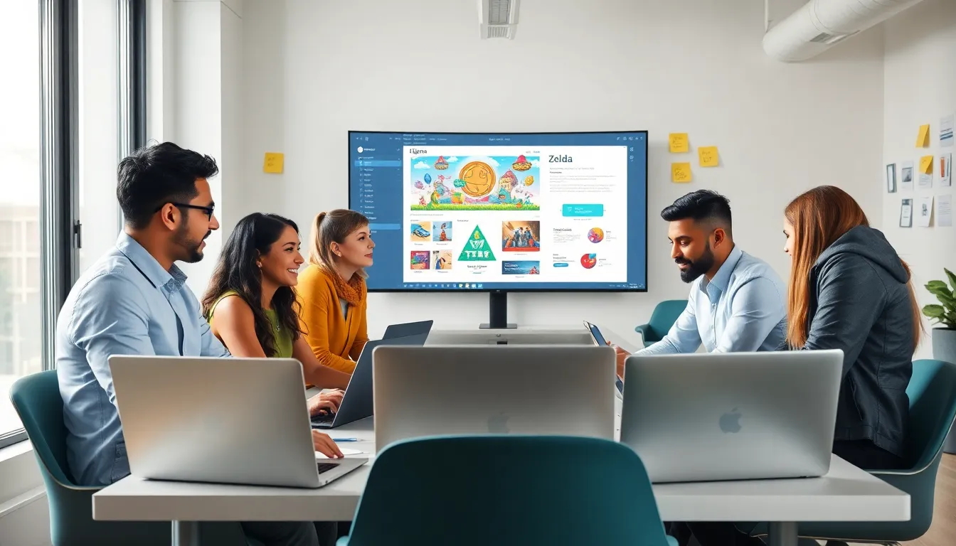 diverse team collaborating on game design using Figma in a modern studio.