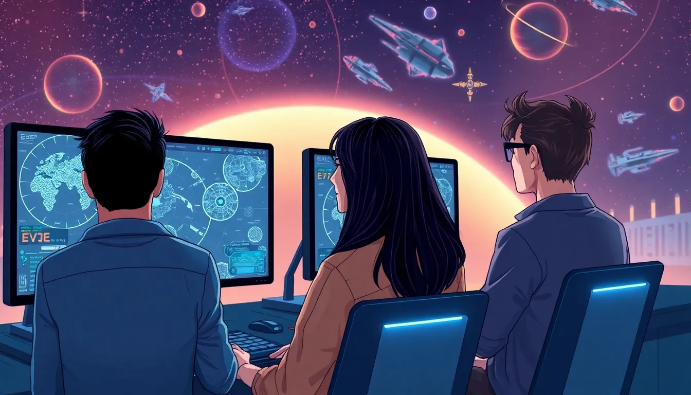 diverse gamers enjoying Eve Online on modern setups.