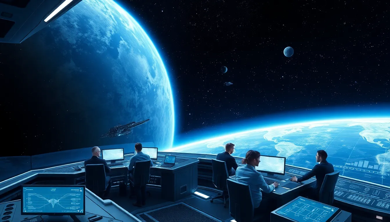 players strategizing in a high-tech command center for EVE Online.