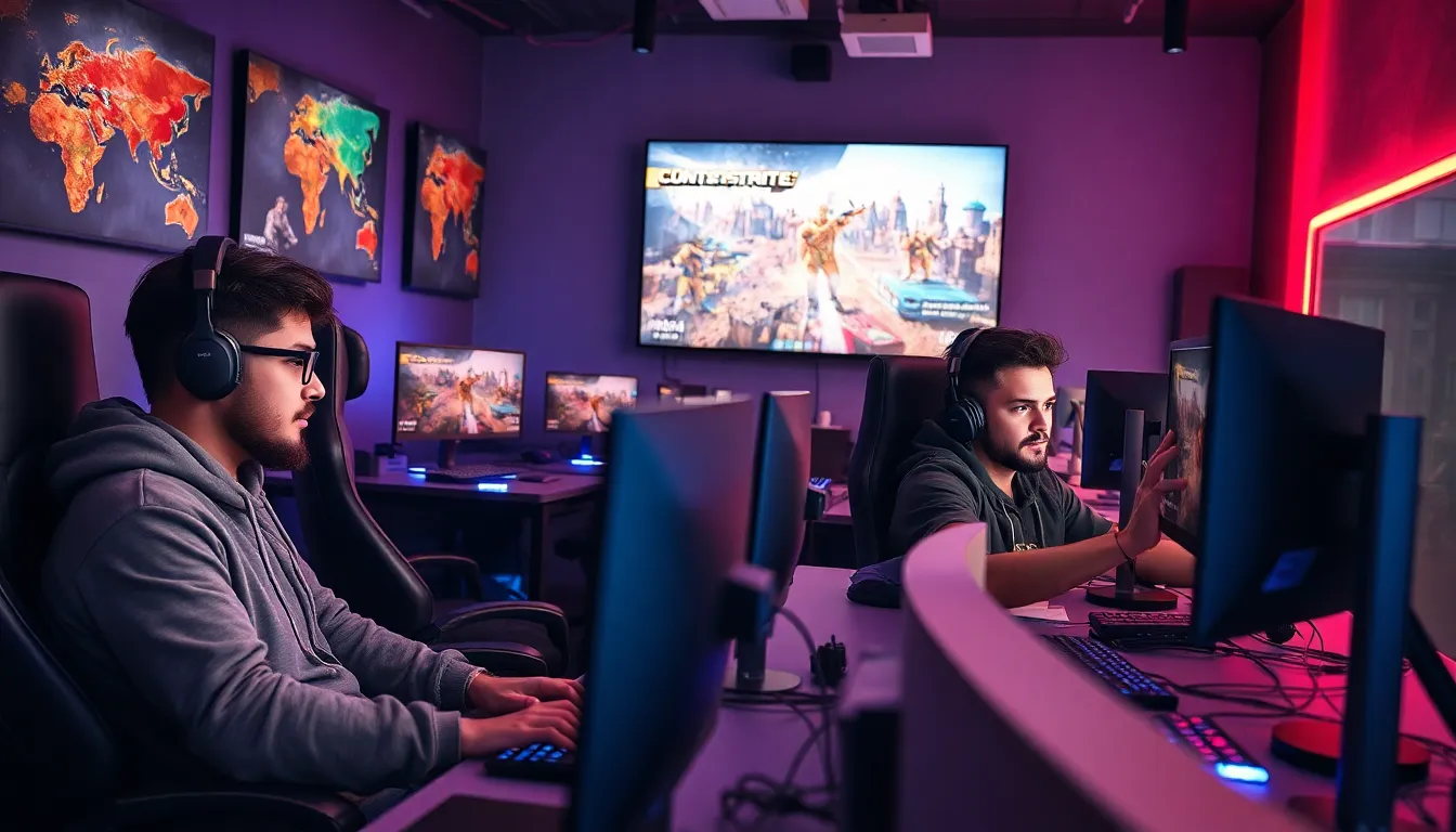 diverse gamers in a modern eSports lounge playing Counter Strike 1.6.