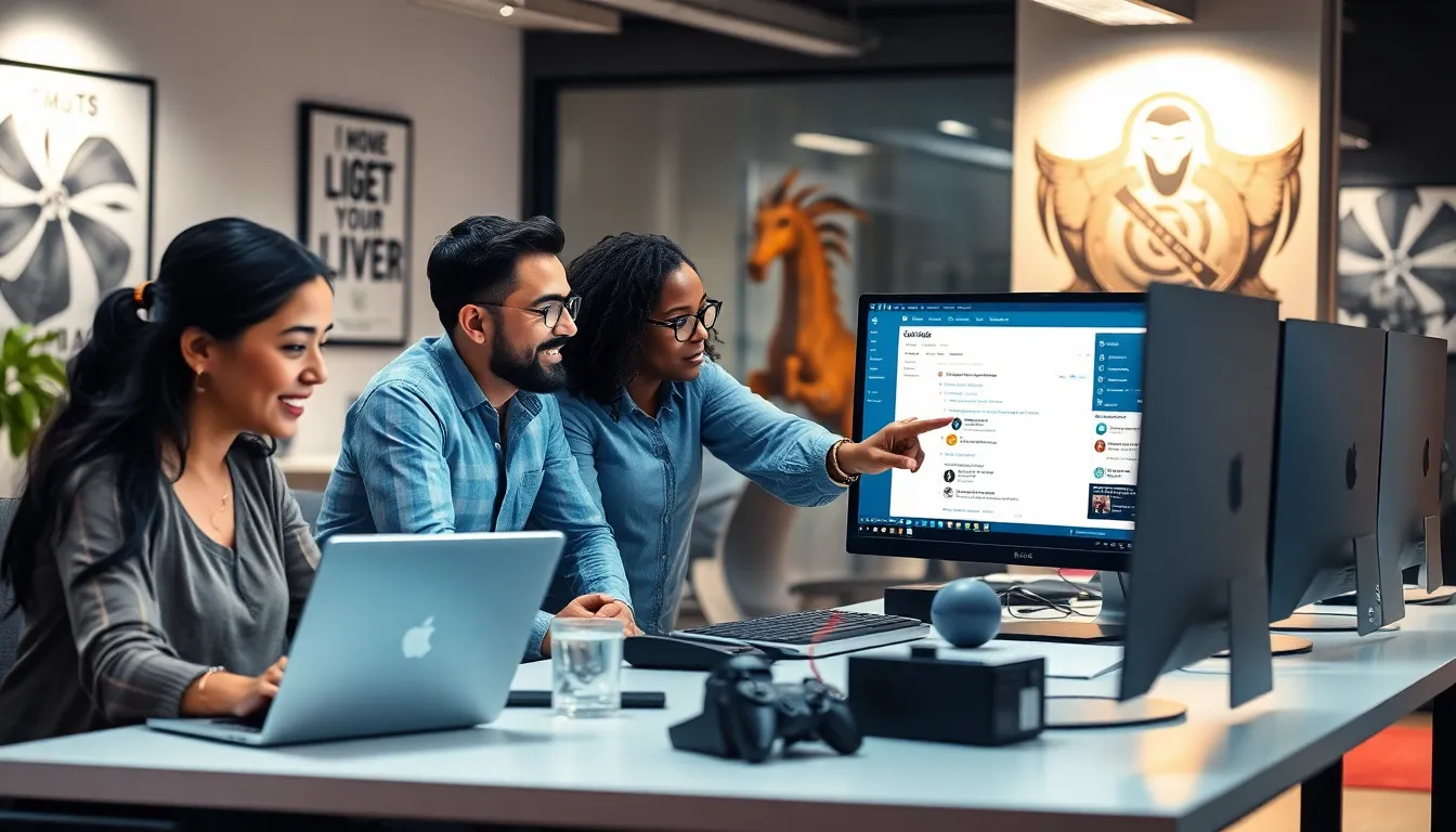diverse gamers discussing strategies in a modern office setting.