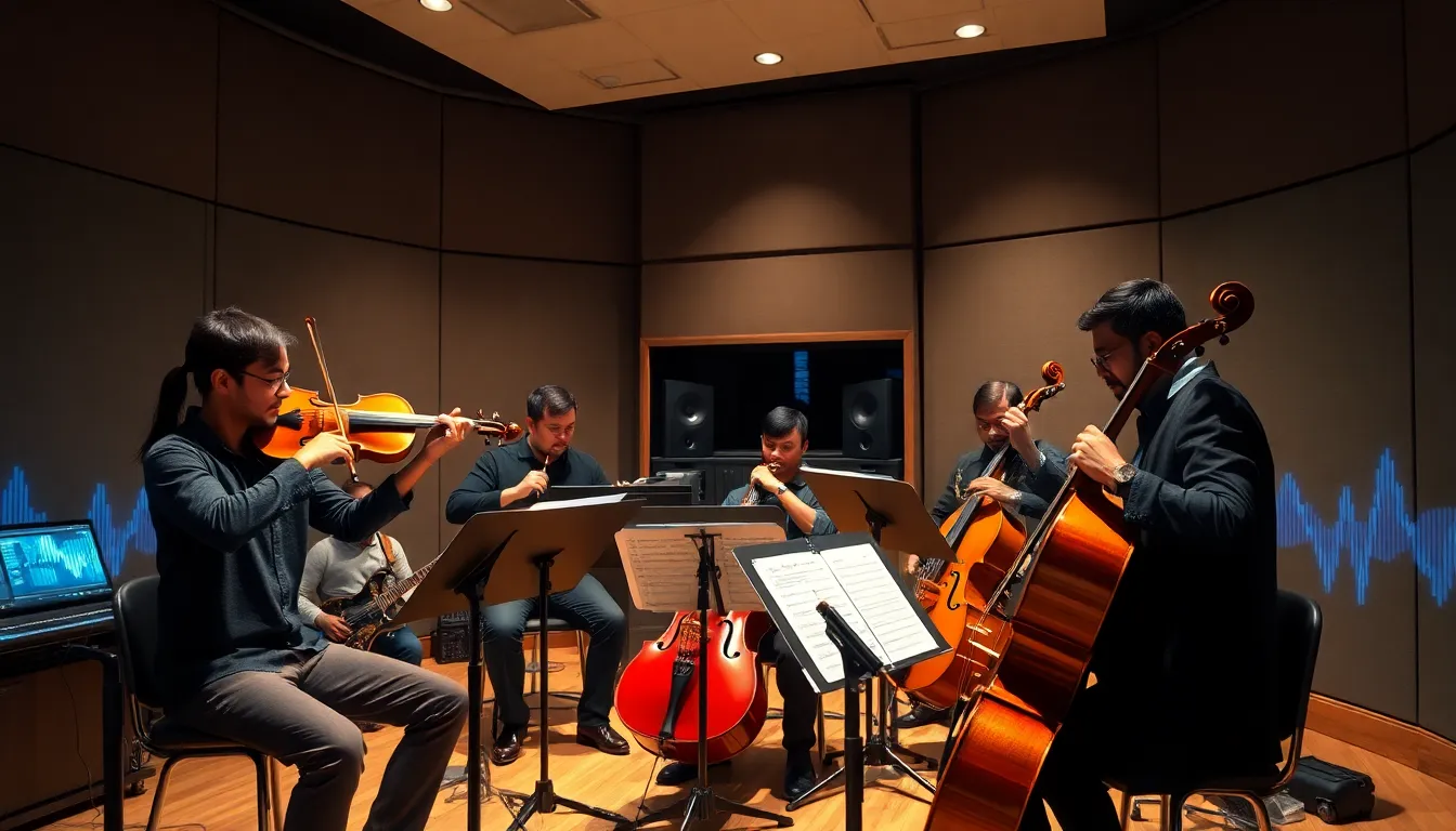 musicians collaborating in a modern studio on Zelda-themed music.